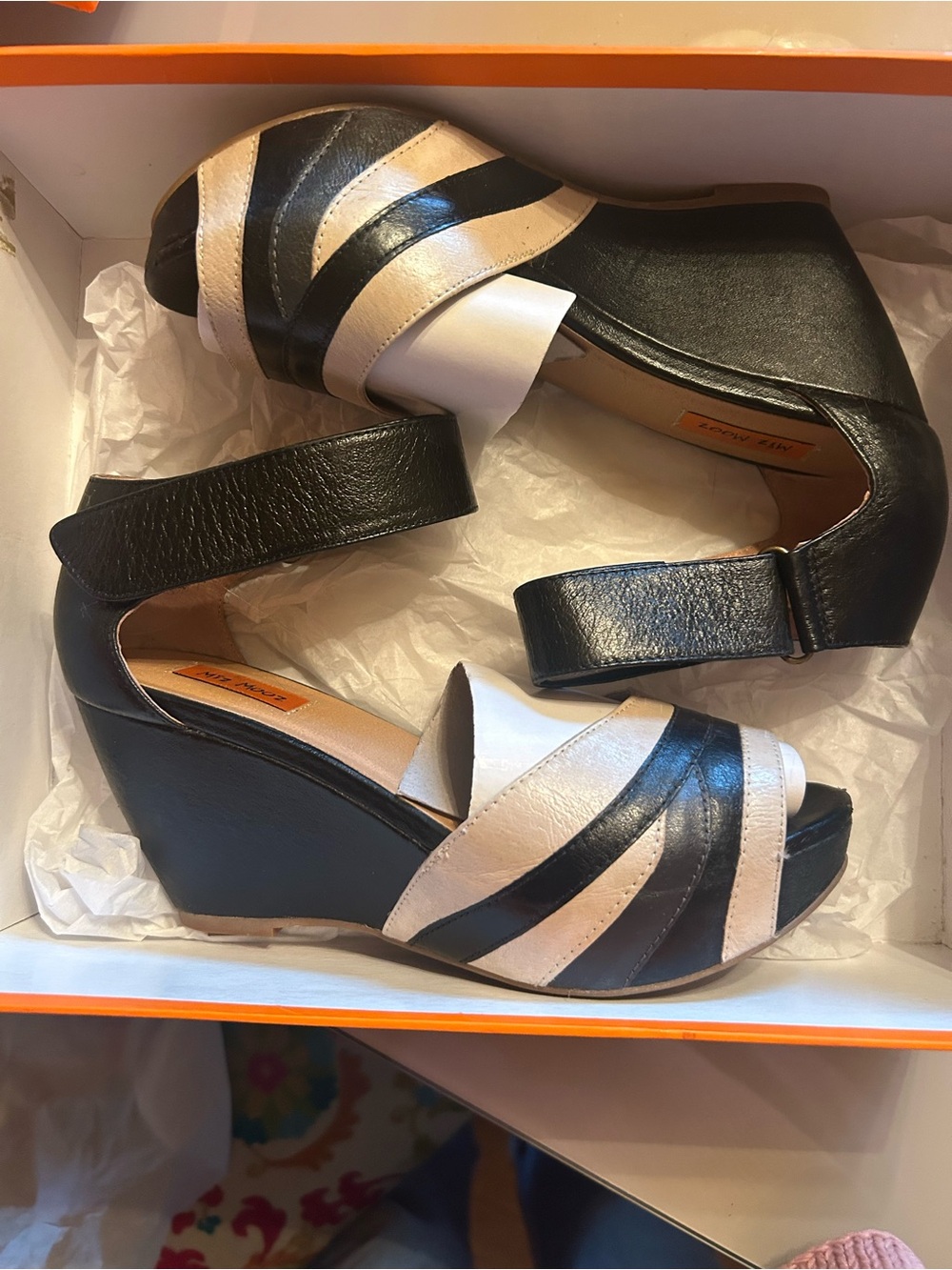Black and Cream Striped Wedge Sandals - Women